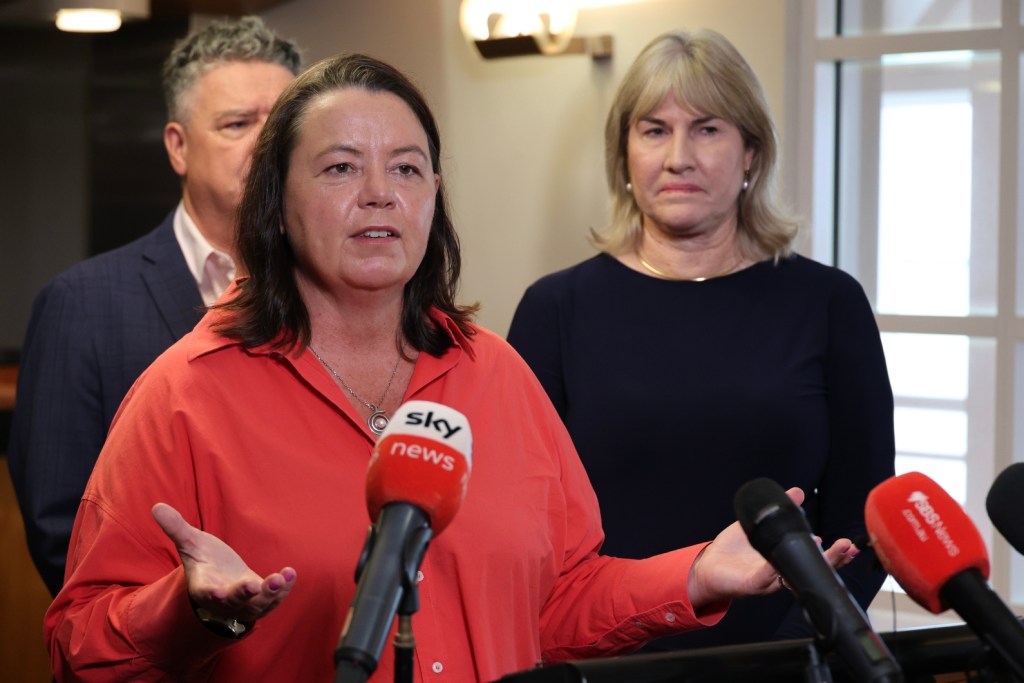 Federal Resources Minister Madeleine King (c) with NT Mining Minister Mark Monaghan and NT Chief Minister Eva Lawler announce a new rare earths mine and refinery in Darwin